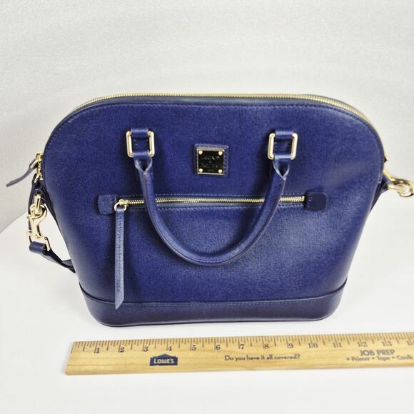 Dooney & Bourke Saffiano Leather Zip Satchel Purse Blue Gold Hardware Crossbody - Picture 3 of 16